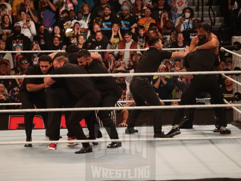 Seth Rollins and Bronson Reed brawl at WWE Monday Night Raw at the Wells Fargo Center in Philadelphia, PA, on October 21, 2024. Photo by George Tahinos, georgetahinos.smugmug.com