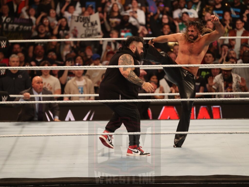 Seth Rollins and Bronson Reed brawl at WWE Monday Night Raw at the Wells Fargo Center in Philadelphia, PA, on October 21, 2024. Photo by George Tahinos, georgetahinos.smugmug.com