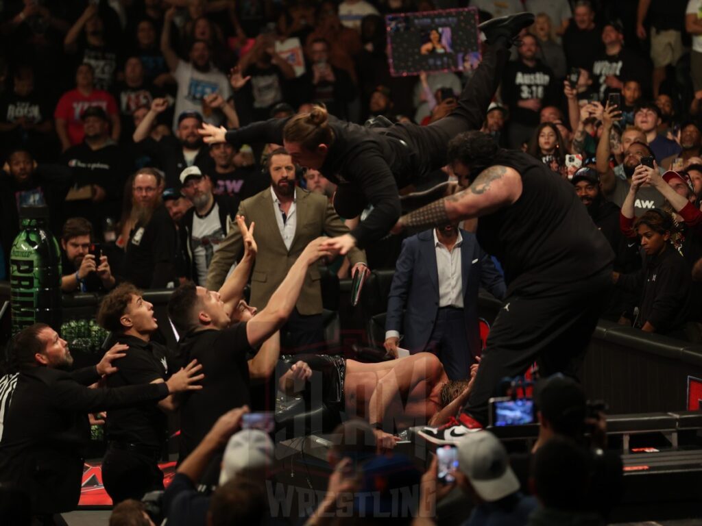 Seth Rollins and Bronson Reed brawl at WWE Monday Night Raw at the Wells Fargo Center in Philadelphia, PA, on October 21, 2024. Photo by George Tahinos, georgetahinos.smugmug.com