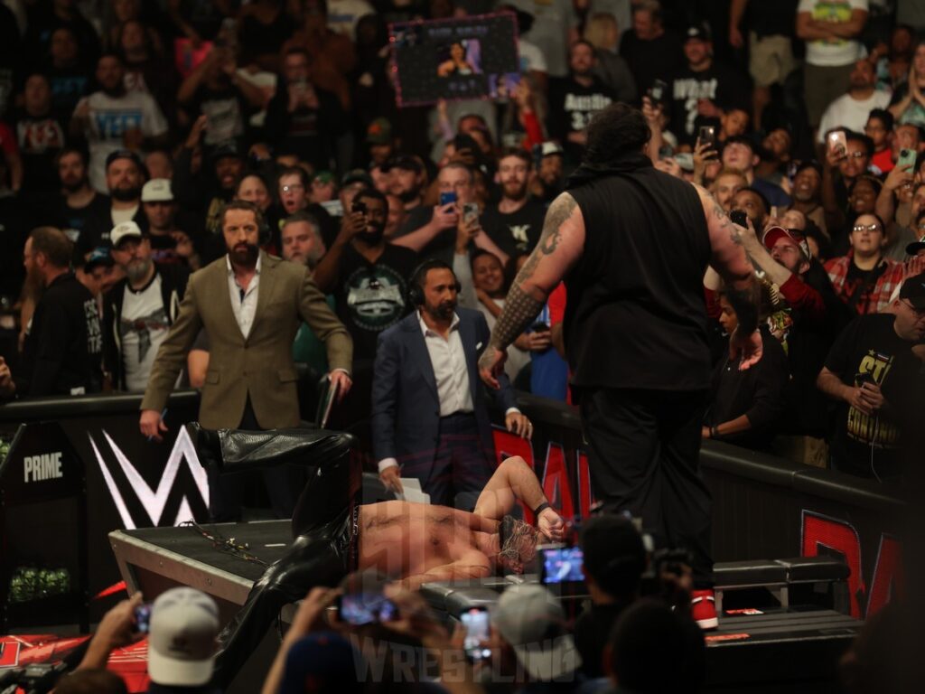 Seth Rollins and Bronson Reed brawl at WWE Monday Night Raw at the Wells Fargo Center in Philadelphia, PA, on October 21, 2024. Photo by George Tahinos, georgetahinos.smugmug.com