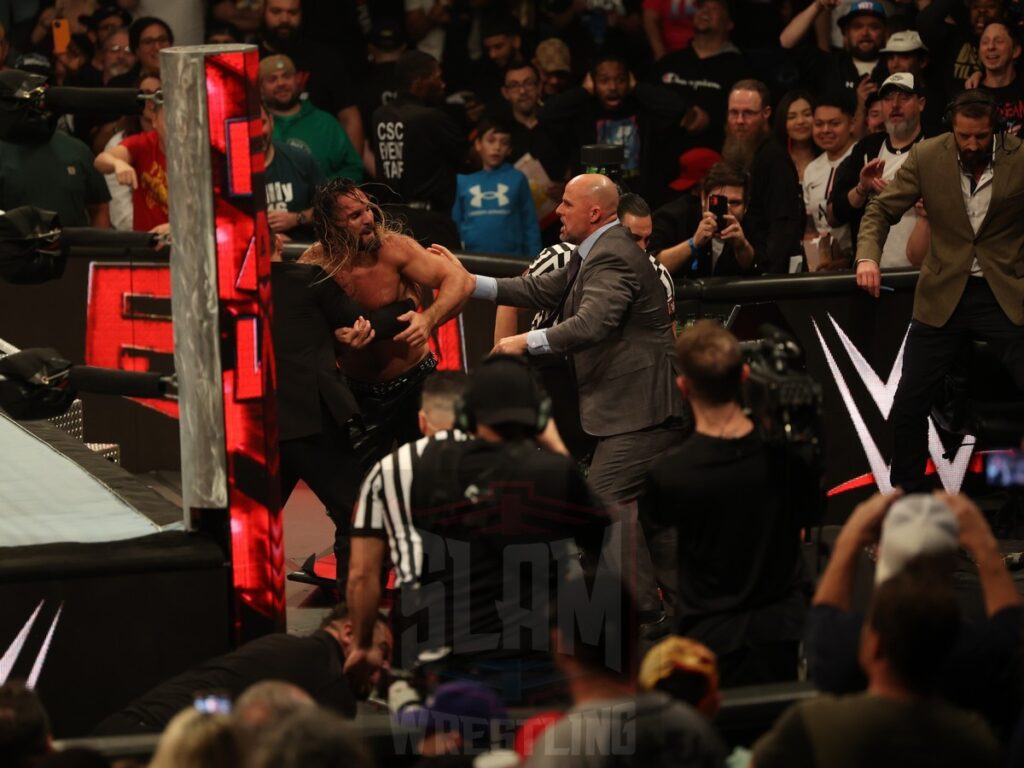 Seth Rollins and Bronson Reed brawl at WWE Monday Night Raw at the Wells Fargo Center in Philadelphia, PA, on October 21, 2024. Photo by George Tahinos, georgetahinos.smugmug.com