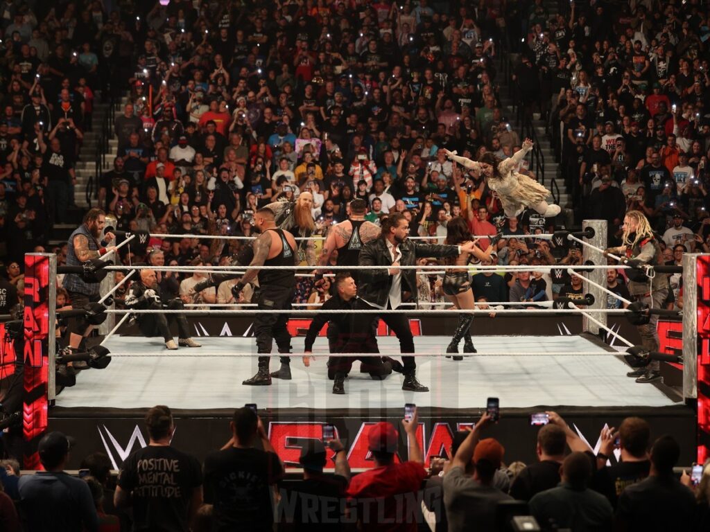 The Miz and The Final Testament are surrounded by the Wyatt Sicks at WWE Monday Night Raw at the Wells Fargo Center in Philadelphia, PA, on October 21, 2024. Photo by George Tahinos, georgetahinos.smugmug.com