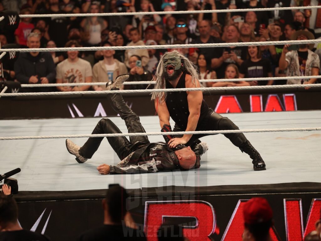 Uncle Howdy attacks Paul Ellering at WWE Monday Night Raw at the Wells Fargo Center in Philadelphia, PA, on October 21, 2024. Photo by George Tahinos, georgetahinos.smugmug.com