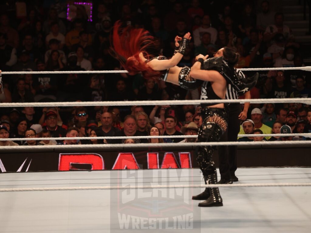 Damage CTRL (Iyo Sky & Kairi Sane) vs. Liv Morgan and Raquel Rodriguez at WWE Monday Night Raw at the Wells Fargo Center in Philadelphia, PA, on October 21, 2024. Photo by George Tahinos, georgetahinos.smugmug.com