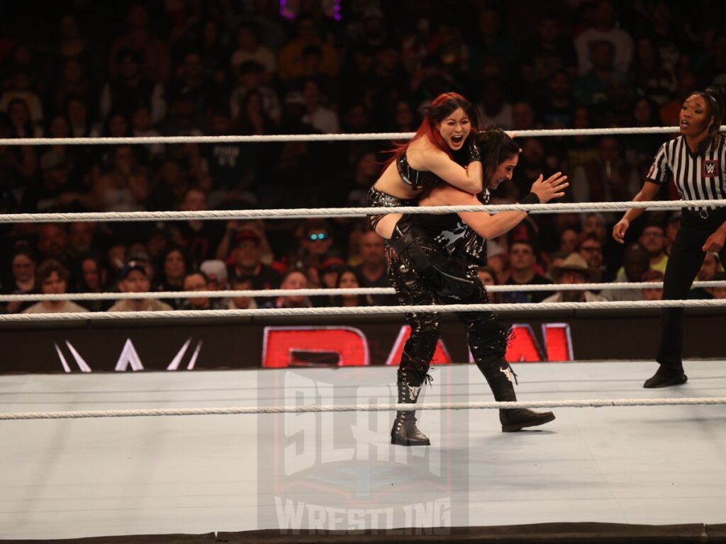 Damage CTRL (Iyo Sky & Kairi Sane) vs. Liv Morgan and Raquel Rodriguez at WWE Monday Night Raw at the Wells Fargo Center in Philadelphia, PA, on October 21, 2024. Photo by George Tahinos, georgetahinos.smugmug.com