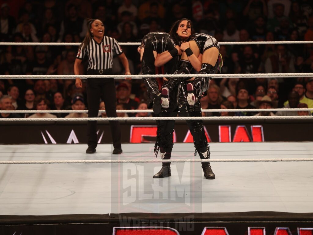 Damage CTRL (Iyo Sky & Kairi Sane) vs. Liv Morgan and Raquel Rodriguez at WWE Monday Night Raw at the Wells Fargo Center in Philadelphia, PA, on October 21, 2024. Photo by George Tahinos, georgetahinos.smugmug.com