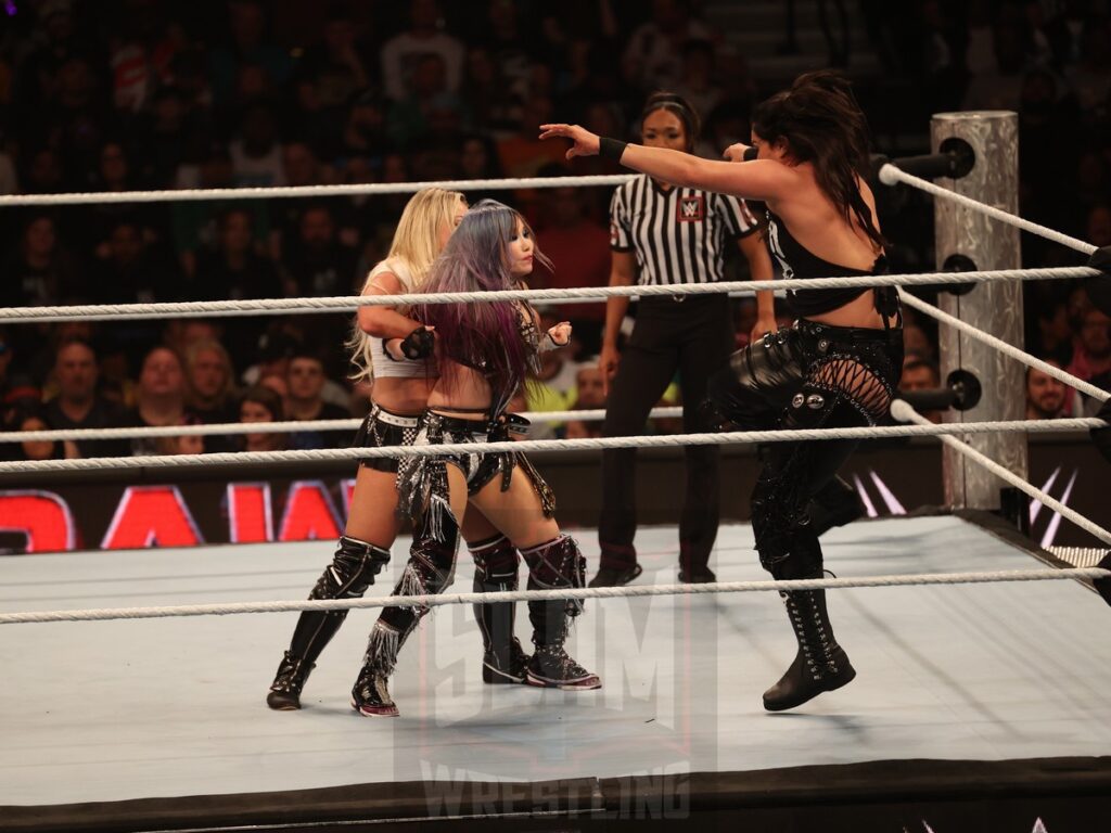 Damage CTRL (Iyo Sky & Kairi Sane) vs. Liv Morgan and Raquel Rodriguez at WWE Monday Night Raw at the Wells Fargo Center in Philadelphia, PA, on October 21, 2024. Photo by George Tahinos, georgetahinos.smugmug.com