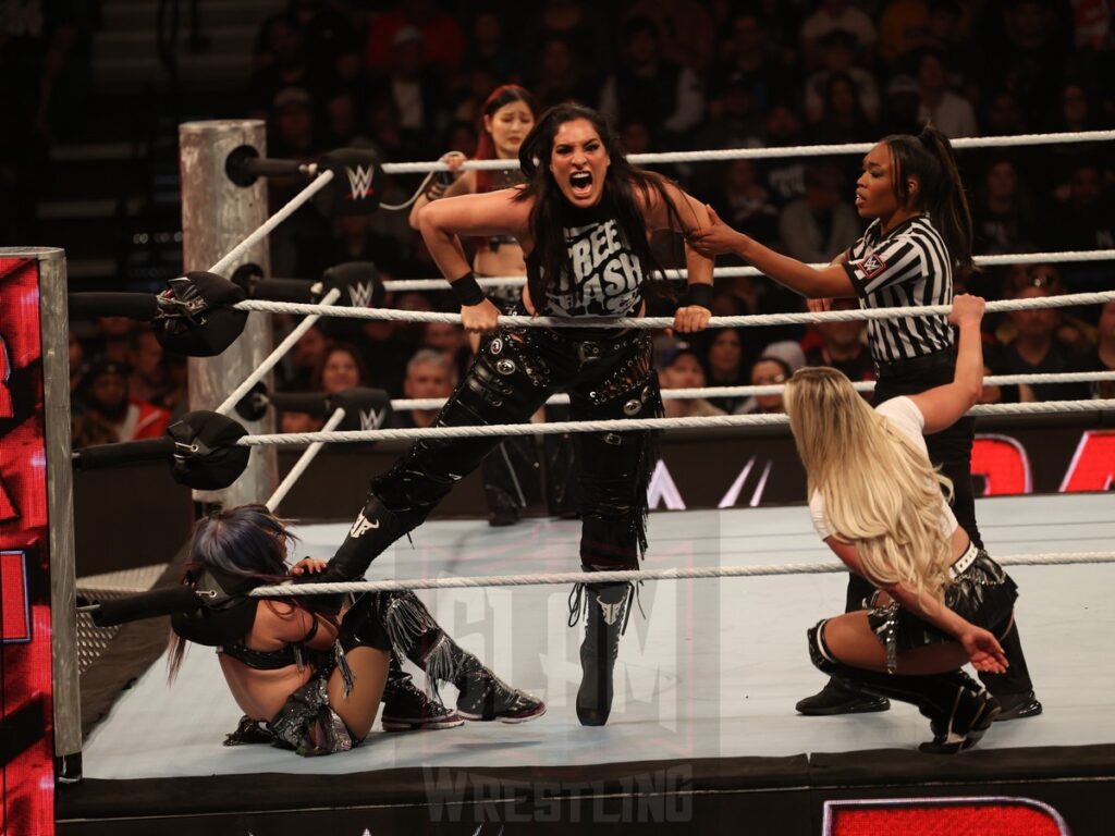 Damage CTRL (Iyo Sky & Kairi Sane) vs. Liv Morgan and Raquel Rodriguez at WWE Monday Night Raw at the Wells Fargo Center in Philadelphia, PA, on October 21, 2024. Photo by George Tahinos, georgetahinos.smugmug.com