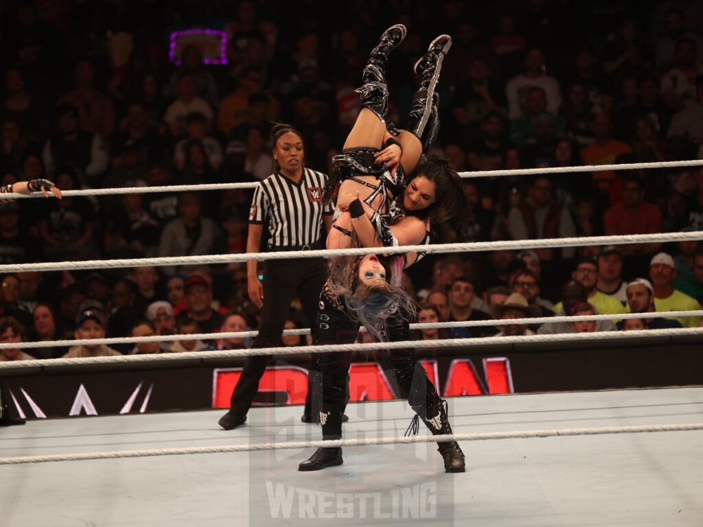 Damage CTRL (Iyo Sky & Kairi Sane) vs. Liv Morgan and Raquel Rodriguez at WWE Monday Night Raw at the Wells Fargo Center in Philadelphia, PA, on October 21, 2024. Photo by George Tahinos, georgetahinos.smugmug.com