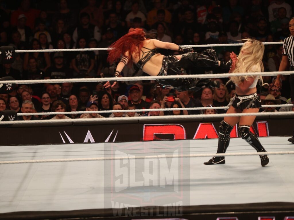 Damage CTRL (Iyo Sky & Kairi Sane) vs. Liv Morgan and Raquel Rodriguez at WWE Monday Night Raw at the Wells Fargo Center in Philadelphia, PA, on October 21, 2024. Photo by George Tahinos, georgetahinos.smugmug.com