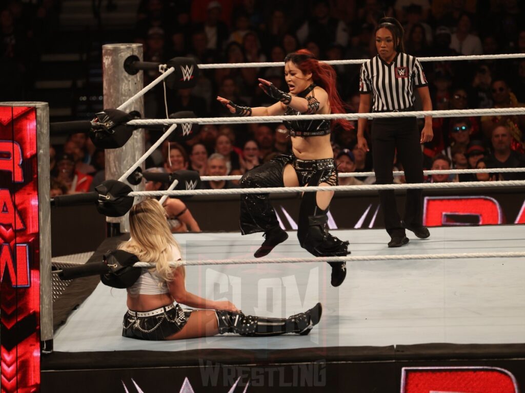 Damage CTRL (Iyo Sky & Kairi Sane) vs. Liv Morgan and Raquel Rodriguez at WWE Monday Night Raw at the Wells Fargo Center in Philadelphia, PA, on October 21, 2024. Photo by George Tahinos, georgetahinos.smugmug.com