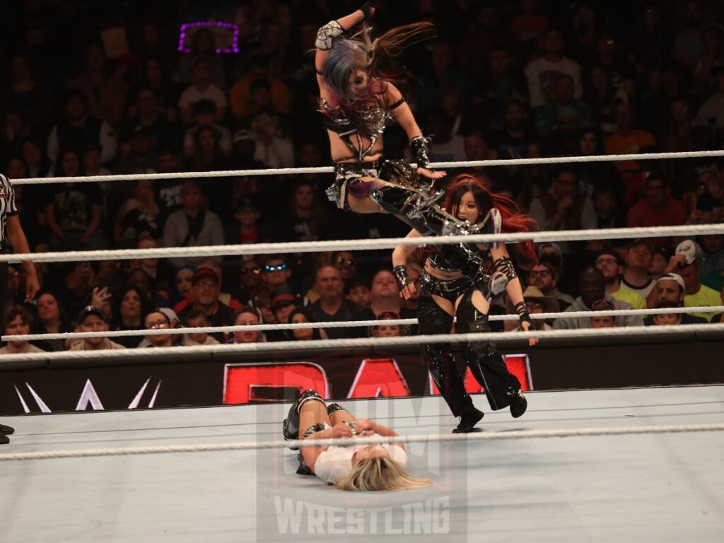 Damage CTRL (Iyo Sky & Kairi Sane) vs. Liv Morgan and Raquel Rodriguez at WWE Monday Night Raw at the Wells Fargo Center in Philadelphia, PA, on October 21, 2024. Photo by George Tahinos, georgetahinos.smugmug.com