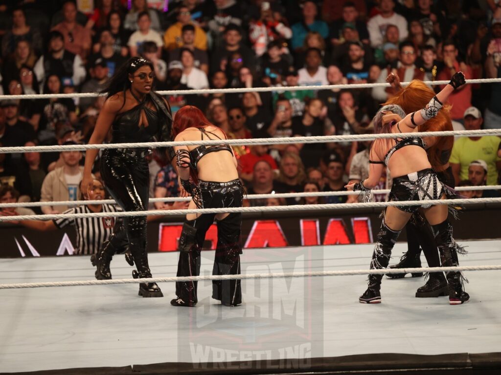 Jakara Jackson and Lash Legend interfere during Damage CTRL (Iyo Sky & Kairi Sane) vs. Liv Morgan and Raquel Rodriguez at WWE Monday Night Raw at the Wells Fargo Center in Philadelphia, PA, on October 21, 2024. Photo by George Tahinos, georgetahinos.smugmug.com