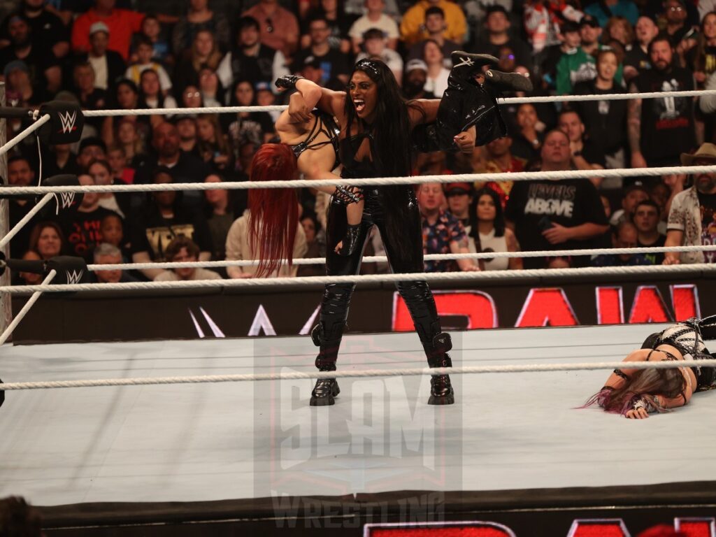 Jakara Jackson and Lash Legend interfere during Damage CTRL (Iyo Sky & Kairi Sane) vs. Liv Morgan and Raquel Rodriguez at WWE Monday Night Raw at the Wells Fargo Center in Philadelphia, PA, on October 21, 2024. Photo by George Tahinos, georgetahinos.smugmug.com