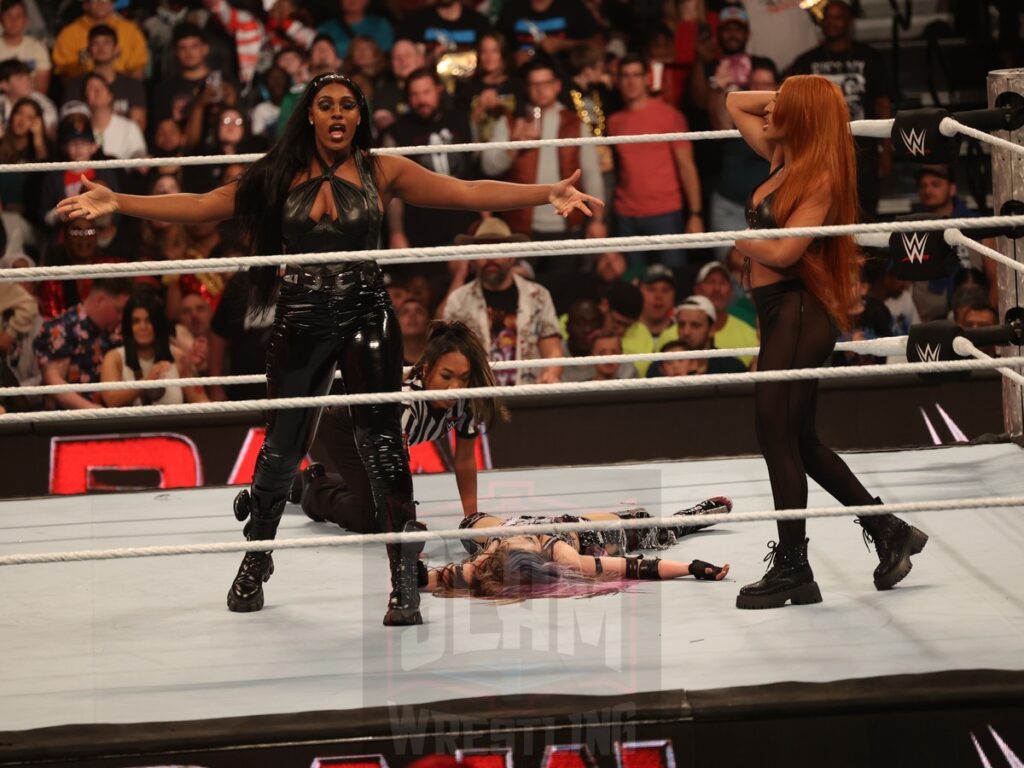 Jakara Jackson and Lash Legend interfere during Damage CTRL (Iyo Sky & Kairi Sane) vs. Liv Morgan and Raquel Rodriguez at WWE Monday Night Raw at the Wells Fargo Center in Philadelphia, PA, on October 21, 2024. Photo by George Tahinos, georgetahinos.smugmug.com