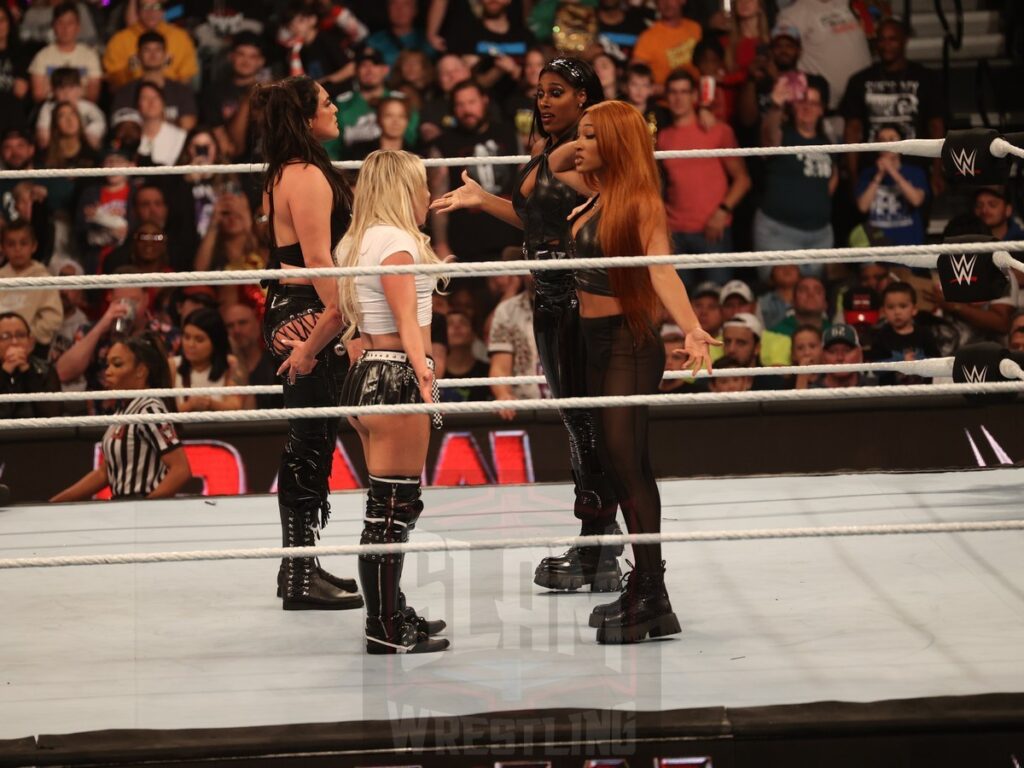 Liv Morgan and Raquel Rodriguez face off with Jakara Jackson and Lash Legend at WWE Monday Night Raw at the Wells Fargo Center in Philadelphia, PA, on October 21, 2024. Photo by George Tahinos, georgetahinos.smugmug.com