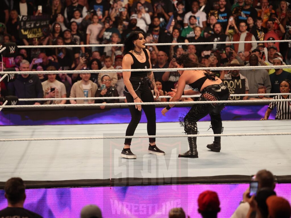 Rhea Ripley attacks Raquel Rodriguez at WWE Monday Night Raw at the Wells Fargo Center in Philadelphia, PA, on October 21, 2024. Photo by George Tahinos, georgetahinos.smugmug.com