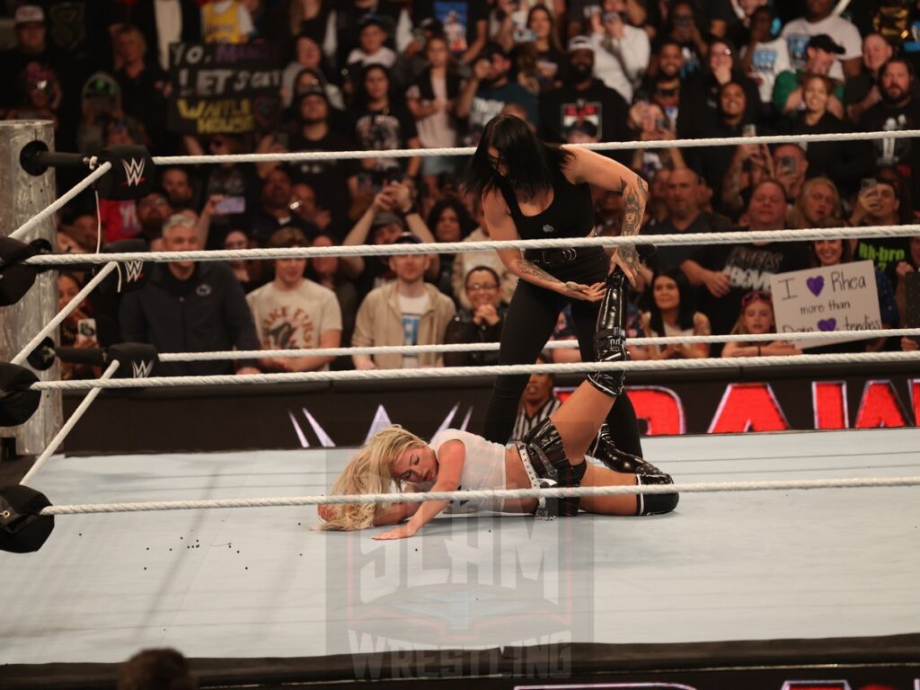 Rhea Ripley attacks Liv Morgan at WWE Monday Night Raw at the Wells Fargo Center in Philadelphia, PA, on October 21, 2024. Photo by George Tahinos, georgetahinos.smugmug.com