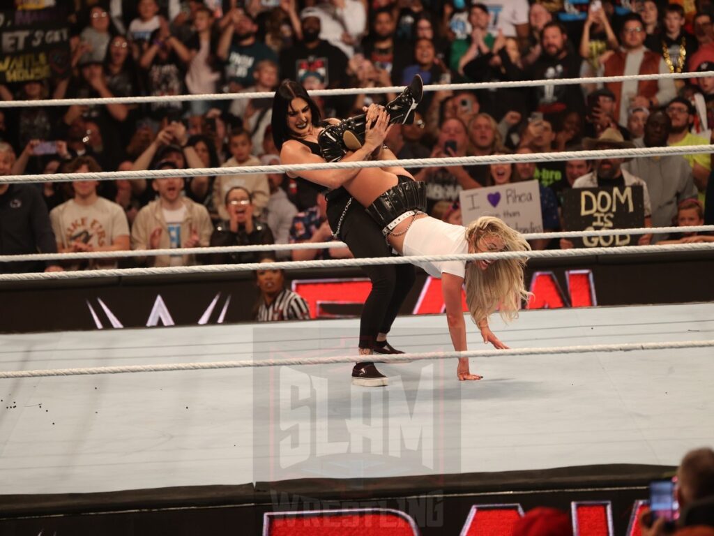 Rhea Ripley attacks Liv Morgan at WWE Monday Night Raw at the Wells Fargo Center in Philadelphia, PA, on October 21, 2024. Photo by George Tahinos, georgetahinos.smugmug.com