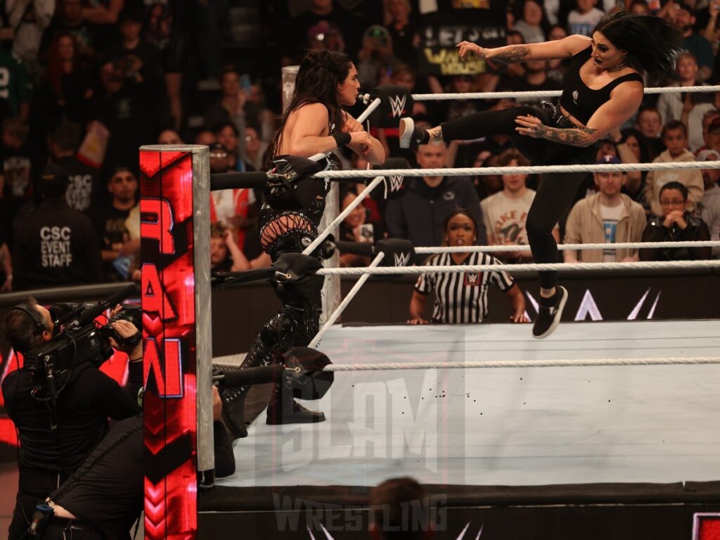 Rhea Ripley attacks Raquel Rodriguez at WWE Monday Night Raw at the Wells Fargo Center in Philadelphia, PA, on October 21, 2024. Photo by George Tahinos, georgetahinos.smugmug.com