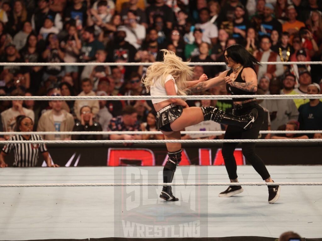 Rhea Ripley attacks Liv Morgan at WWE Monday Night Raw at the Wells Fargo Center in Philadelphia, PA, on October 21, 2024. Photo by George Tahinos, georgetahinos.smugmug.com