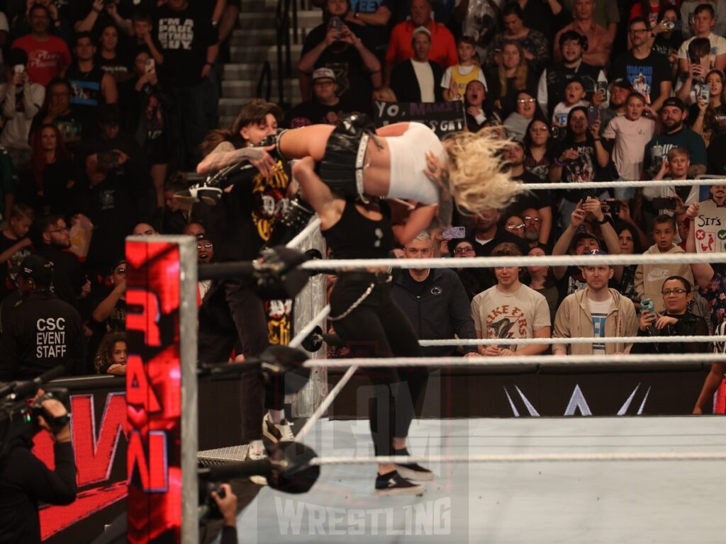 Dominik Mysterio gets involved as Rhea Ripley attacks Liv Morgan at WWE Monday Night Raw at the Wells Fargo Center in Philadelphia, PA, on October 21, 2024. Photo by George Tahinos, georgetahinos.smugmug.com