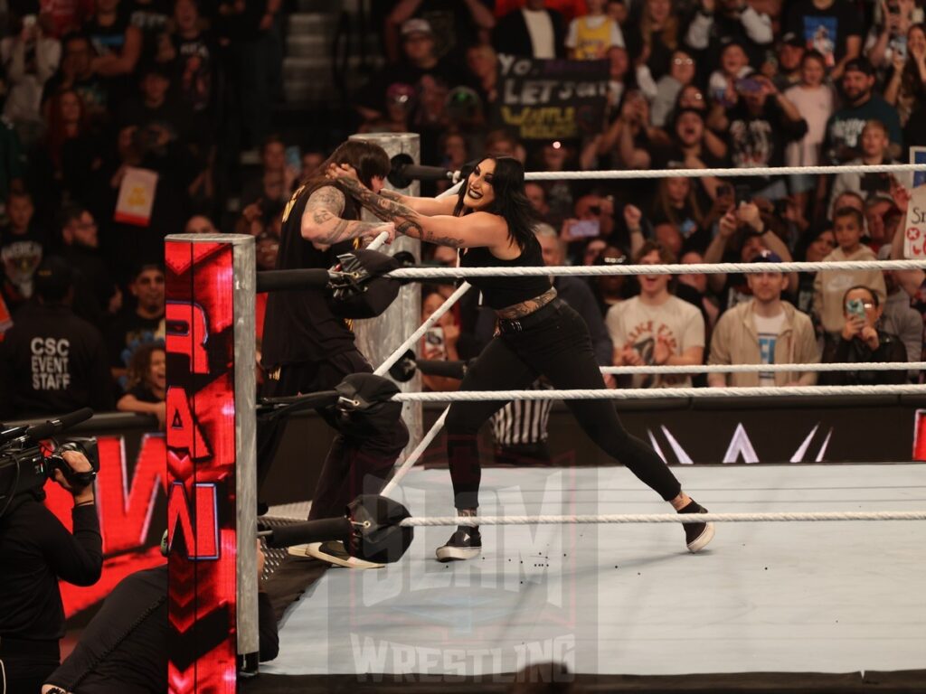 Dominik Mysterio is mauled by Rhea Ripley at WWE Monday Night Raw at the Wells Fargo Center in Philadelphia, PA, on October 21, 2024. Photo by George Tahinos, georgetahinos.smugmug.com