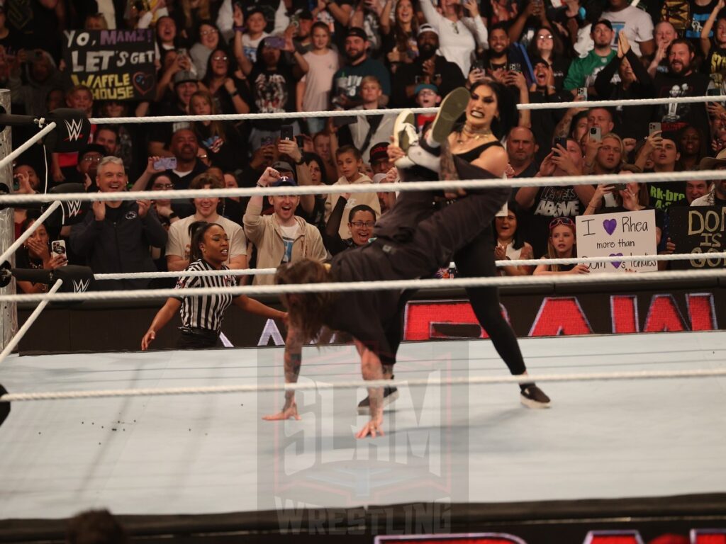 Dominik Mysterio is mauled by Rhea Ripley at WWE Monday Night Raw at the Wells Fargo Center in Philadelphia, PA, on October 21, 2024. Photo by George Tahinos, georgetahinos.smugmug.com