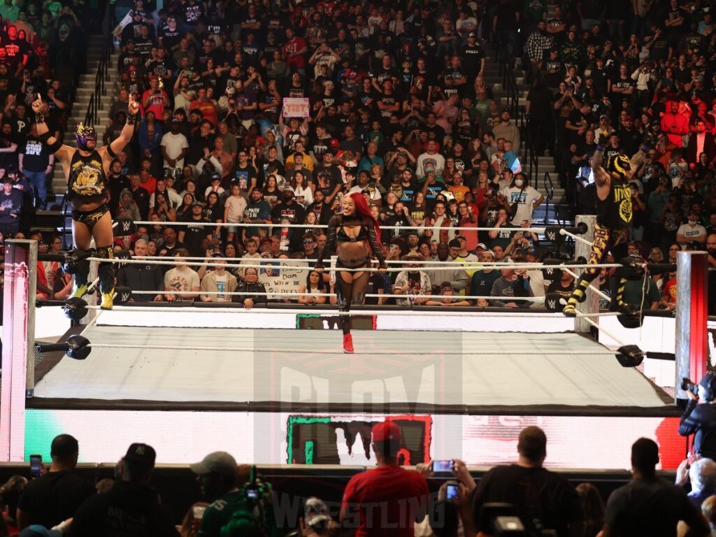 LWO (Zelina Vega, Dragon Lee & Rey Mysterio) at WWE Monday Night Raw at the Wells Fargo Center in Philadelphia, PA, on October 21, 2024. Photo by George Tahinos, georgetahinos.smugmug.com