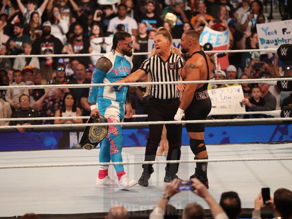 Intercontinental Title match: Bron Breakker vs. Jey Uso (c) at WWE Monday Night Raw at the Wells Fargo Center in Philadelphia, PA, on October 21, 2024. Photo by George Tahinos, georgetahinos.smugmug.com