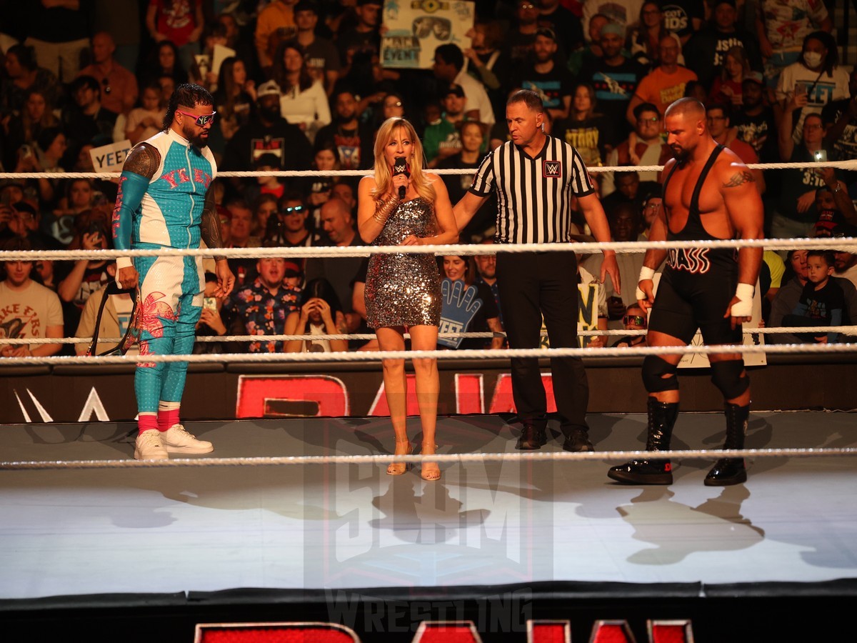 A returning Lillian Garcia announces the Intercontinental Title match between Bron Breakker and Jey Uso (c) at WWE Monday Night Raw at the Wells Fargo Center in Philadelphia, PA, on October 21, 2024. Photo by George Tahinos, georgetahinos.smugmug.com