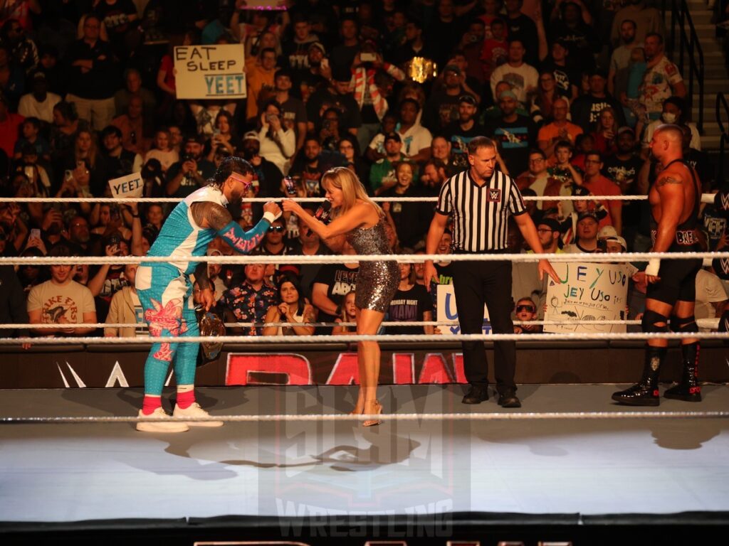 Jey Uso says welcome back to announcer Lillian Garcia at WWE Monday Night Raw at the Wells Fargo Center in Philadelphia, PA, on October 21, 2024. Photo by George Tahinos, georgetahinos.smugmug.com