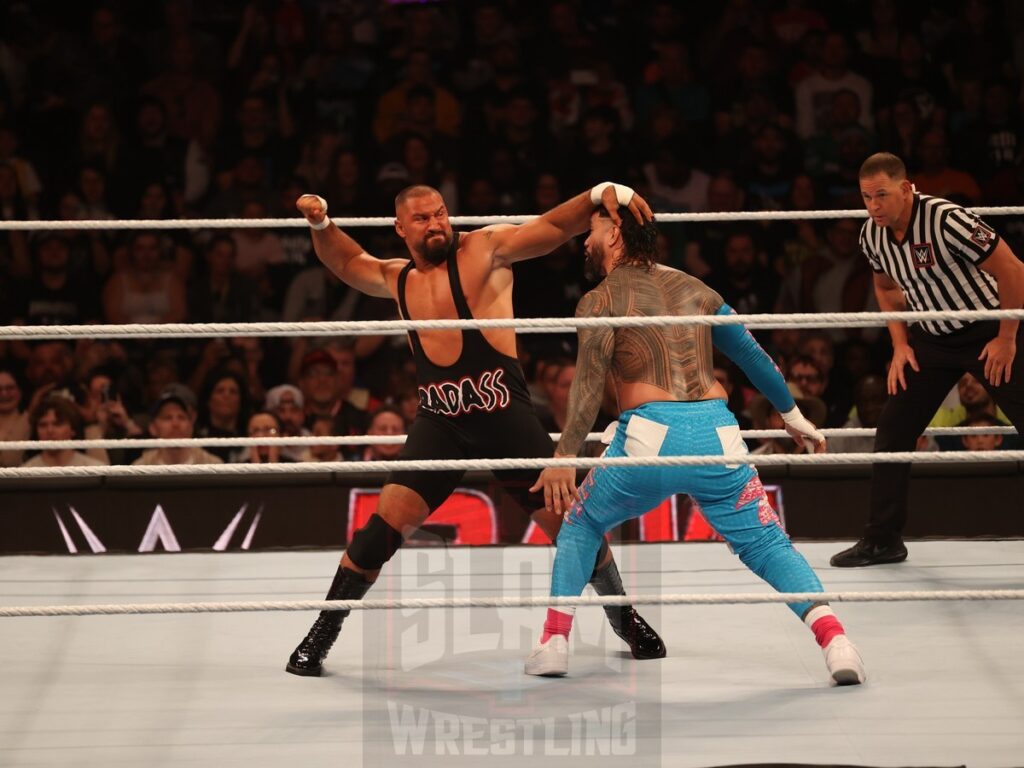 Intercontinental Title match: Bron Breakker vs. Jey Uso (c) at WWE Monday Night Raw at the Wells Fargo Center in Philadelphia, PA, on October 21, 2024. Photo by George Tahinos, georgetahinos.smugmug.com