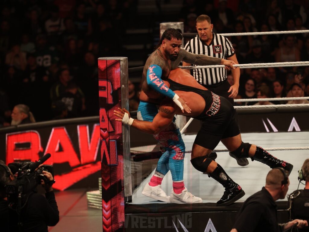 Intercontinental Title match: Bron Breakker vs. Jey Uso (c) at WWE Monday Night Raw at the Wells Fargo Center in Philadelphia, PA, on October 21, 2024. Photo by George Tahinos, georgetahinos.smugmug.com