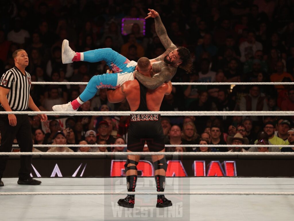 Intercontinental Title match: Bron Breakker vs. Jey Uso (c) at WWE Monday Night Raw at the Wells Fargo Center in Philadelphia, PA, on October 21, 2024. Photo by George Tahinos, georgetahinos.smugmug.com