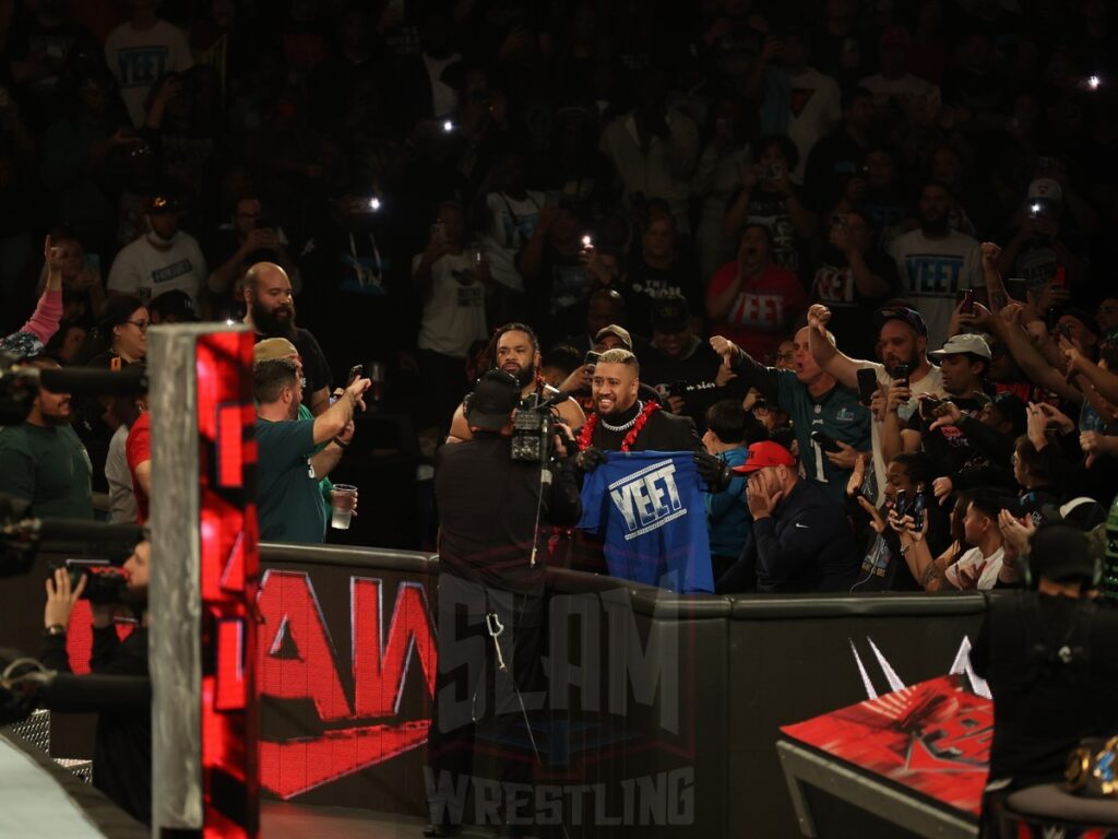 The Bloodline at ringside for the Intercontinental Title match between Bron Breakker and Jey Uso (c) at WWE Monday Night Raw at the Wells Fargo Center in Philadelphia, PA, on October 21, 2024. Photo by George Tahinos, georgetahinos.smugmug.com