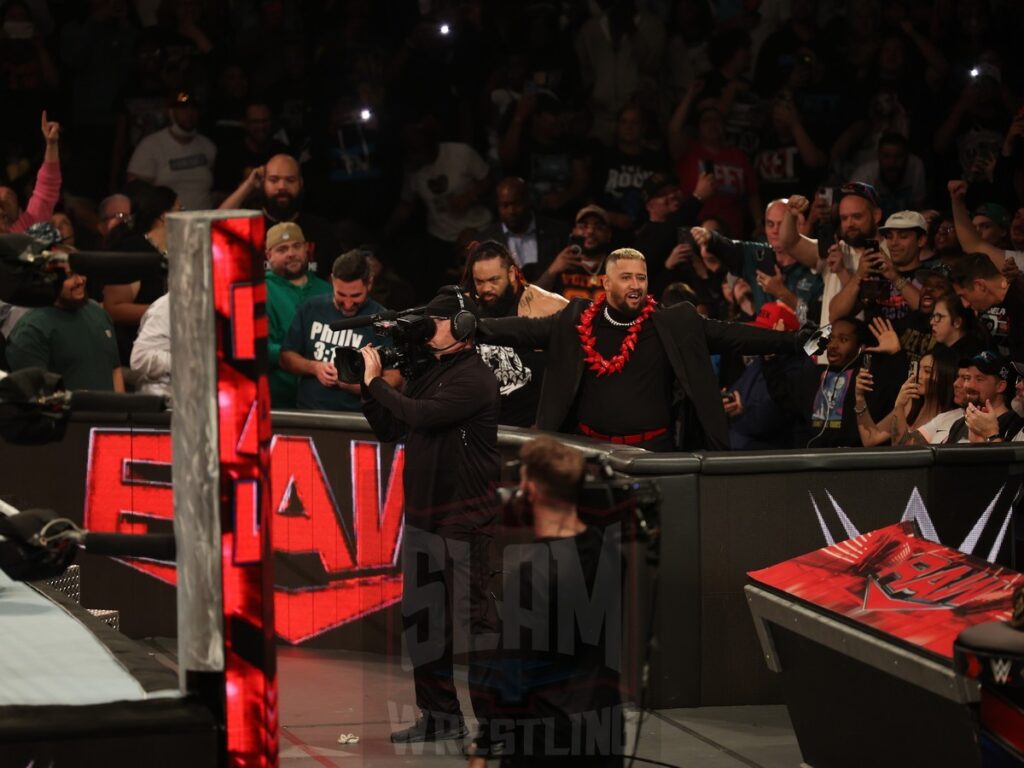 The Bloodline at ringside for the Intercontinental Title match between Bron Breakker and Jey Uso (c) at WWE Monday Night Raw at the Wells Fargo Center in Philadelphia, PA, on October 21, 2024. Photo by George Tahinos, georgetahinos.smugmug.com