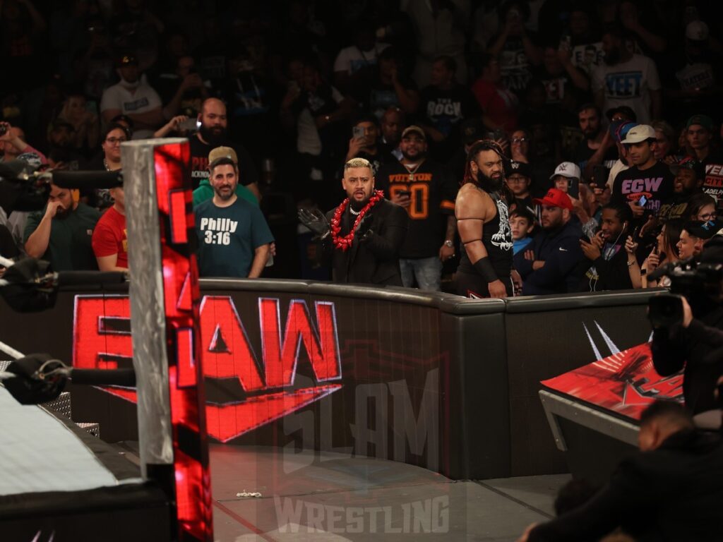 The Bloodline at ringside for the Intercontinental Title match between Bron Breakker and Jey Uso (c) at WWE Monday Night Raw at the Wells Fargo Center in Philadelphia, PA, on October 21, 2024. Photo by George Tahinos, georgetahinos.smugmug.com