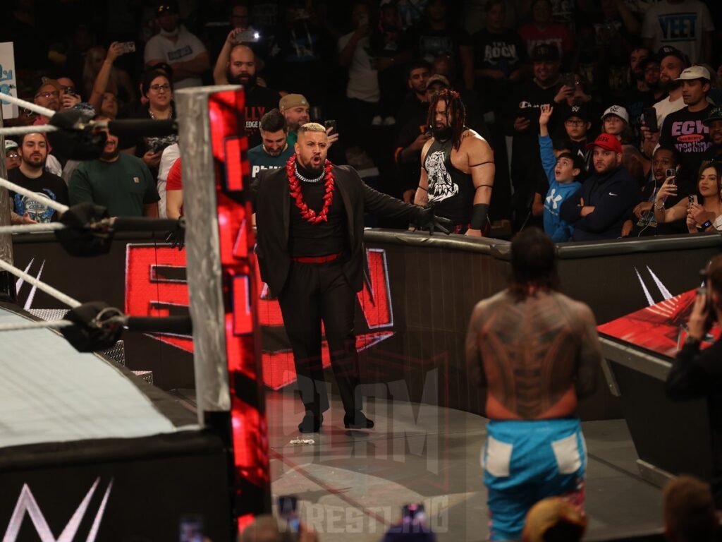 The Bloodline at ringside for the Intercontinental Title match between Bron Breakker and Jey Uso (c) at WWE Monday Night Raw at the Wells Fargo Center in Philadelphia, PA, on October 21, 2024. Photo by George Tahinos, georgetahinos.smugmug.com