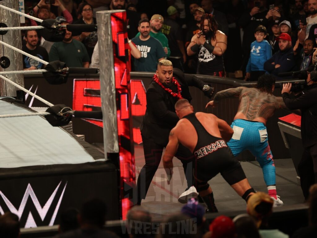 Solo Sikoa finds himself facing Jey Uso and Bron Breakker at WWE Monday Night Raw at the Wells Fargo Center in Philadelphia, PA, on October 21, 2024. Photo by George Tahinos, georgetahinos.smugmug.com