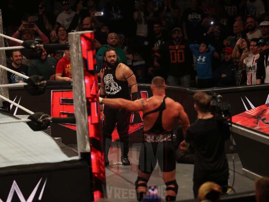 Jacob Fatu jumps the ringside barrier at WWE Monday Night Raw at the Wells Fargo Center in Philadelphia, PA, on October 21, 2024. Photo by George Tahinos, georgetahinos.smugmug.com