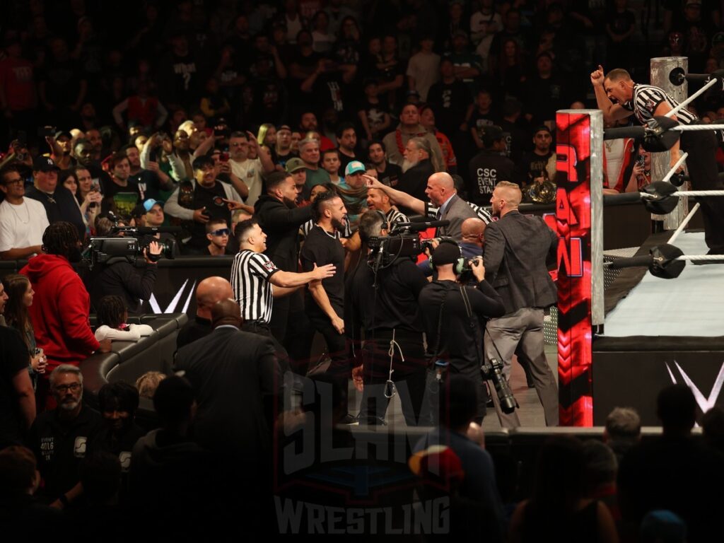 The Bloodline are sent away during the Intercontinental Title match between Bron Breakker and Jey Uso (c) at WWE Monday Night Raw at the Wells Fargo Center in Philadelphia, PA, on October 21, 2024. Photo by George Tahinos, georgetahinos.smugmug.com