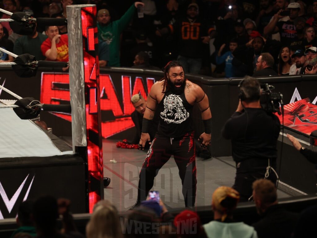 Jacob Fatu during the Intercontinental Title match between Bron Breakker and Jey Uso (c) at WWE Monday Night Raw at the Wells Fargo Center in Philadelphia, PA, on October 21, 2024. Photo by George Tahinos, georgetahinos.smugmug.com