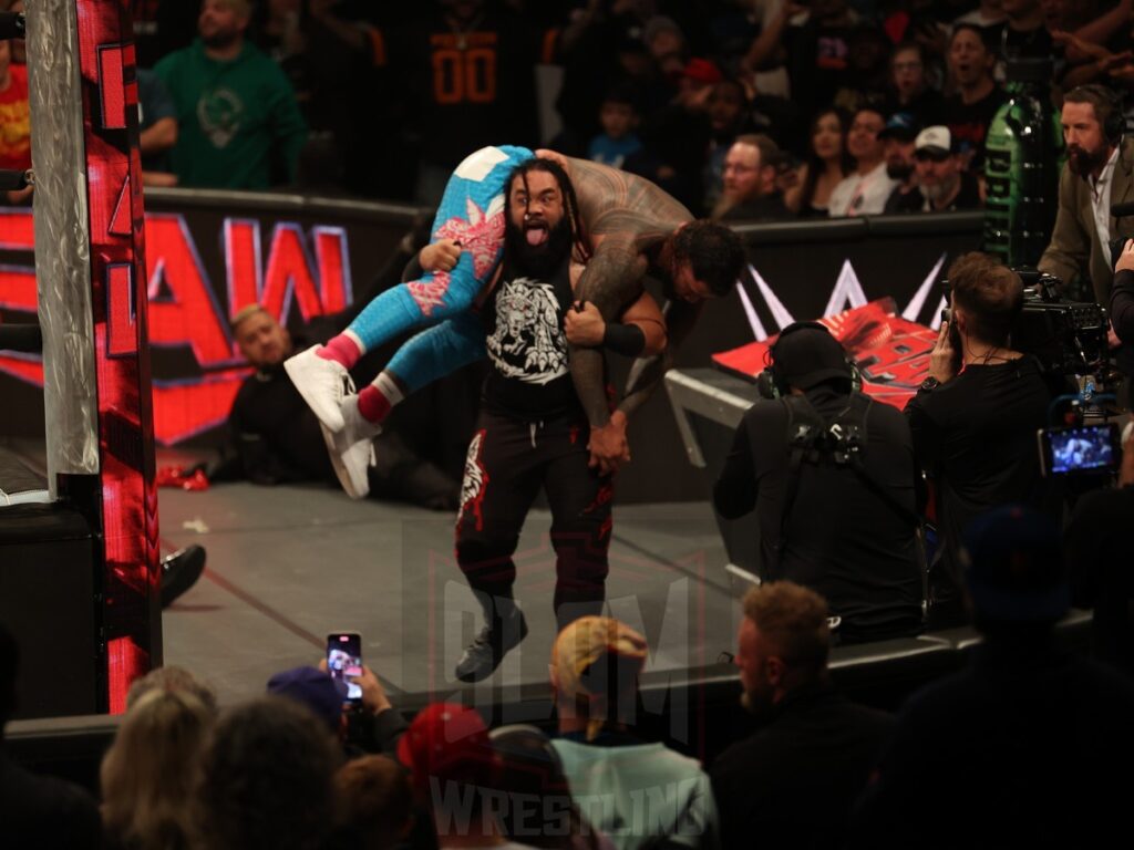 Jacob Fatu attacks Jey Uso during the Intercontinental Title match between Bron Breakker and Jey Uso (c) at WWE Monday Night Raw at the Wells Fargo Center in Philadelphia, PA, on October 21, 2024. Photo by George Tahinos, georgetahinos.smugmug.com