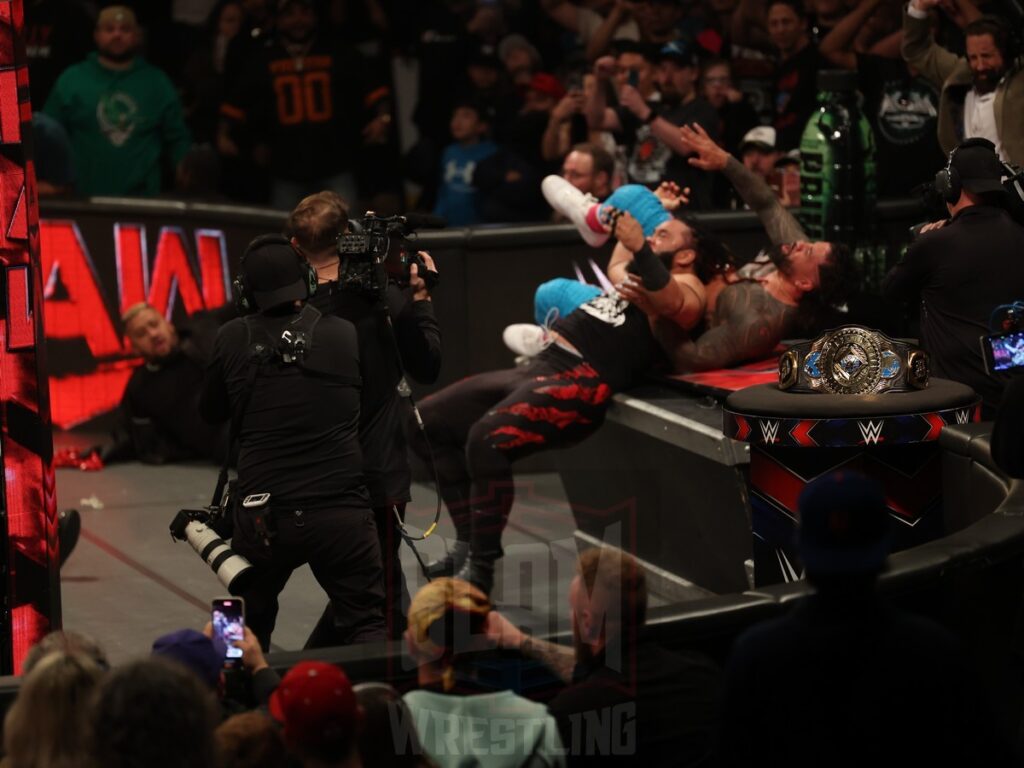 Jacob Fatu attacks Jey Uso during the Intercontinental Title match between Bron Breakker and Jey Uso (c) at WWE Monday Night Raw at the Wells Fargo Center in Philadelphia, PA, on October 21, 2024. Photo by George Tahinos, georgetahinos.smugmug.com