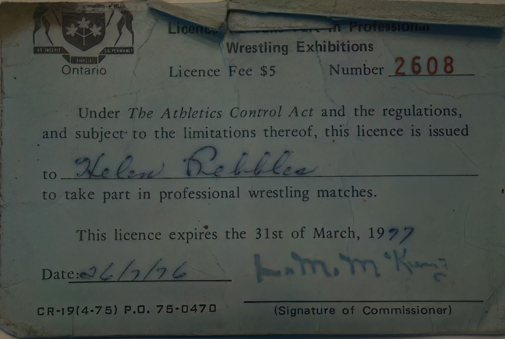The Ontario wrestling licence for Helen Peebles.