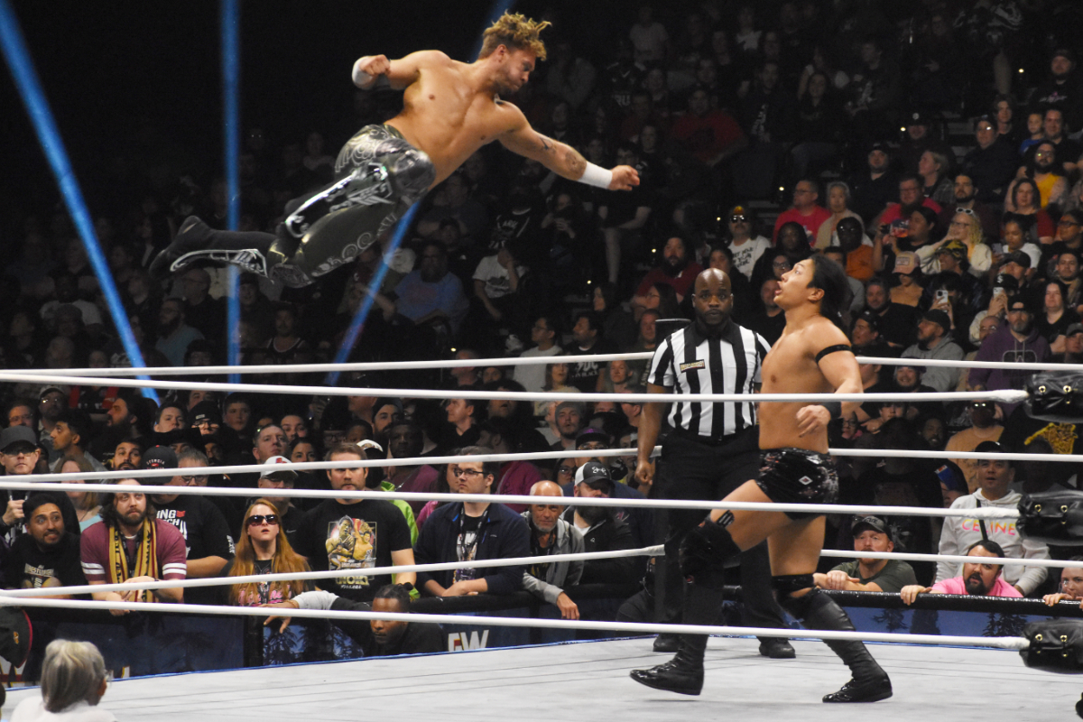 Will Ospreay jumps at Konosuke Takeshita during the AEW International Championship match between Ospreay, Konosuke and Ricochet at AEW WrestleDream at the Tacoma Dome, in Tacoma, Wash., on Saturday, October 12, 2024. Photo by Ben Lypka