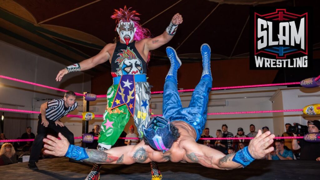 Psycho Clown knocks down Lince Dorado at Demand Lucha’s “Lucha de los Muertos” on Thursday, October 17, 2024, at Parkdale Hall in Toronto, Ontario. Photo by John Gallant / @hocusfocuspix