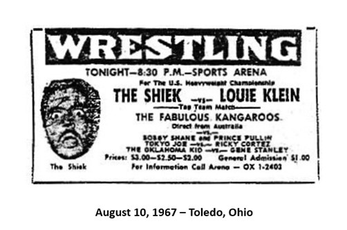 A Big Time Wrestling show, promoted by the Original Sheik, with Pullins on it, August 10 1967 Toledo