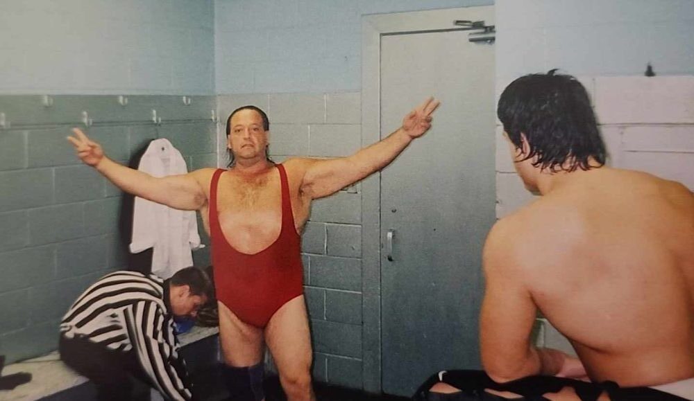 Nature Boy Nelson in the Atlantic Grand Prix dressing room during the 1999 summer tour, with Rene Rougeau (the future Rene Dupre) looking on. Photo courtesy Mike Hughes